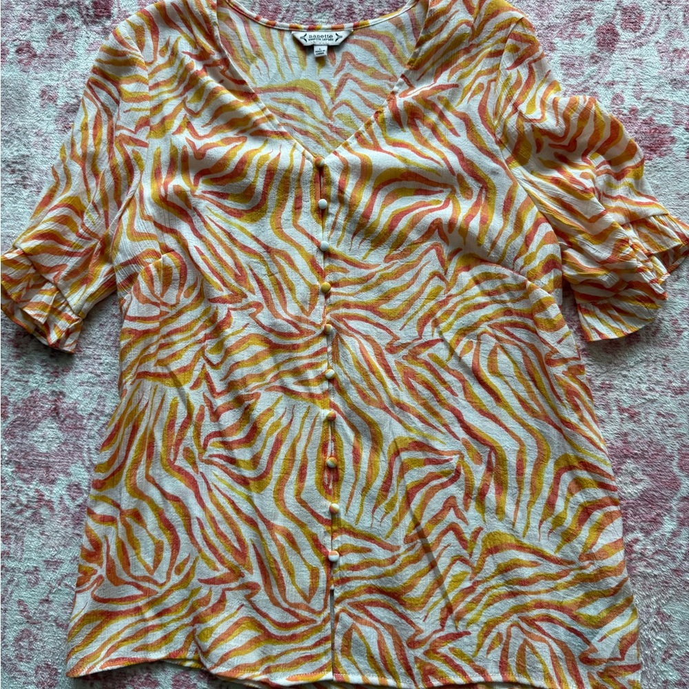 Nanette Lepore Orange and Yellow Wave Print Button-Front Blouse